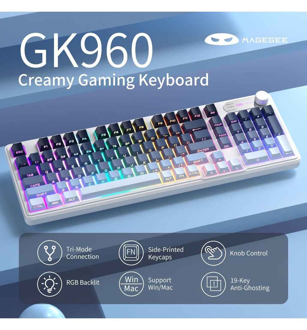 MageGee GK960 Wireless Gaming Keyboard, RGB Tri-Mode Wired/BT/2.4G Creamy Keyboard