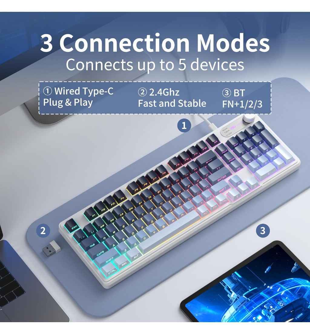 MageGee GK960 Wireless Gaming Keyboard, RGB Tri-Mode Wired/BT/2.4G Creamy Keyboard