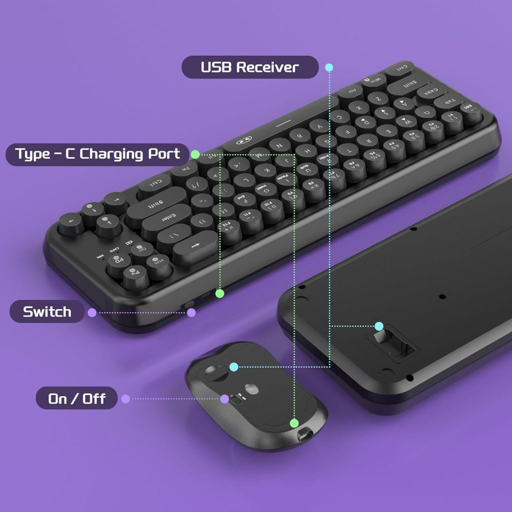 60% Retro Typewriter Round 2.4G Wireless Keyboard and Mouse